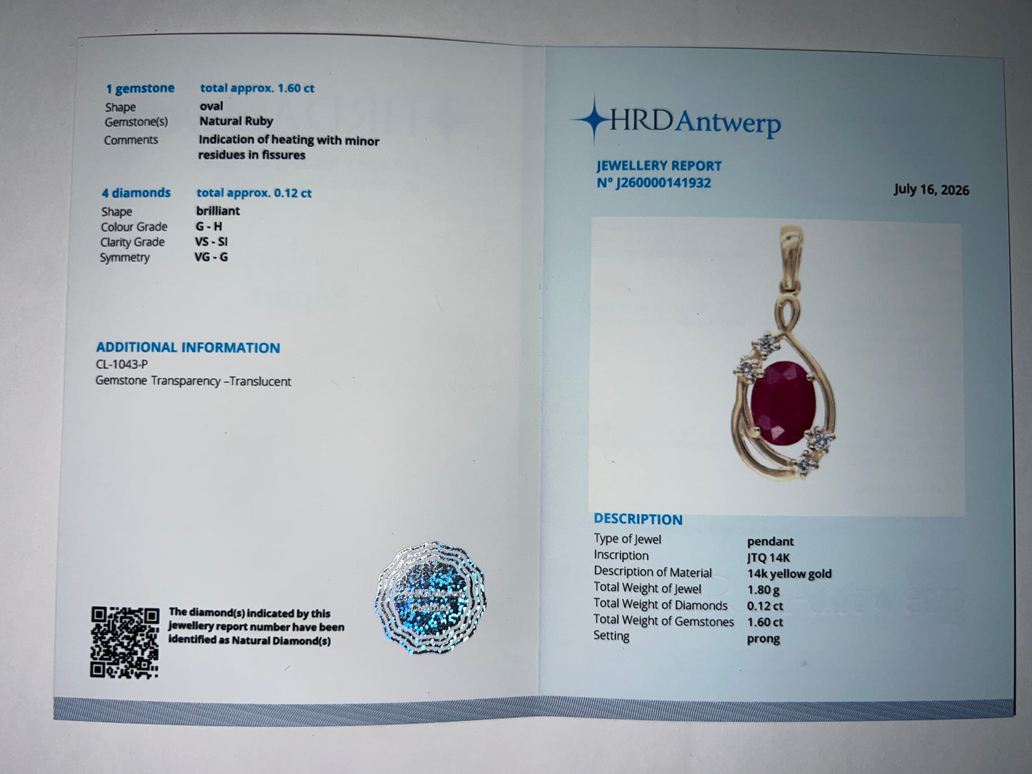 1.72 Ct Oval Natural Ruby 14K Gold Pendant