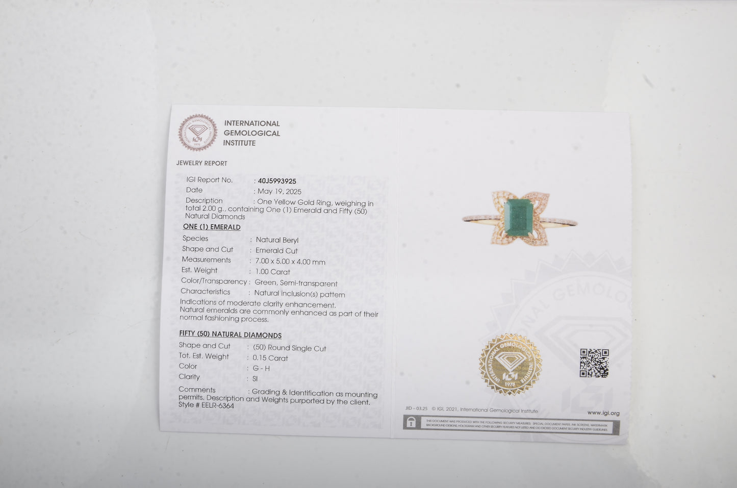 1.15 Ct Emerald Cut Natural Beryl Emerald 14K Gold Ring