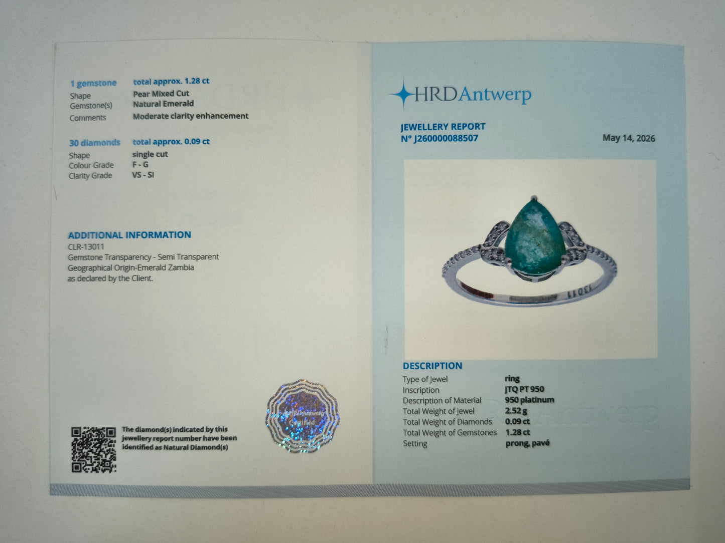 2.25 Ct Pear Mixed Cut Natural Emerald 950 Platinum Ring