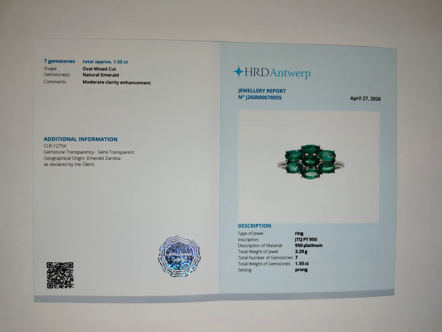 1.55 Ct Oval Mixed Cut Natural Emerald 950 Platinum Ring