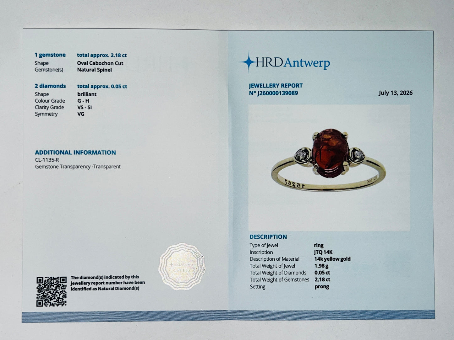 2.23 Ct Oval Cabochon Cut Natural Spinel 14K Gold Ring