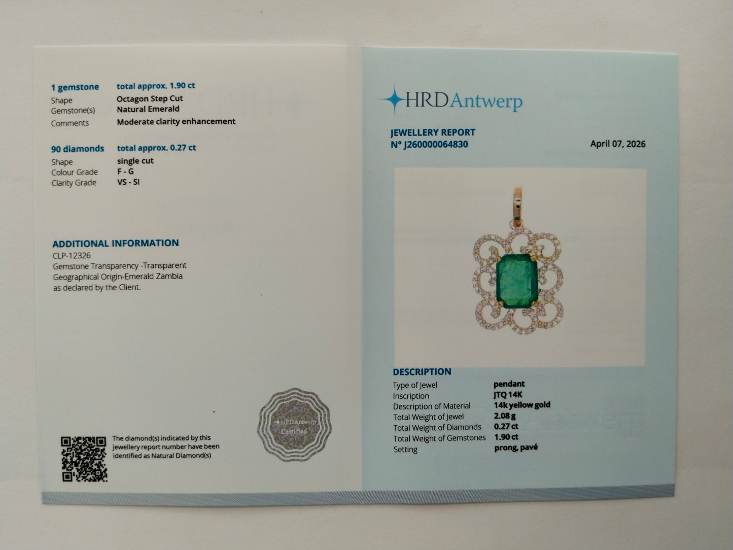 2.17 Ct Octagon Step Cut Natural Emerald 14K Gold Pendant