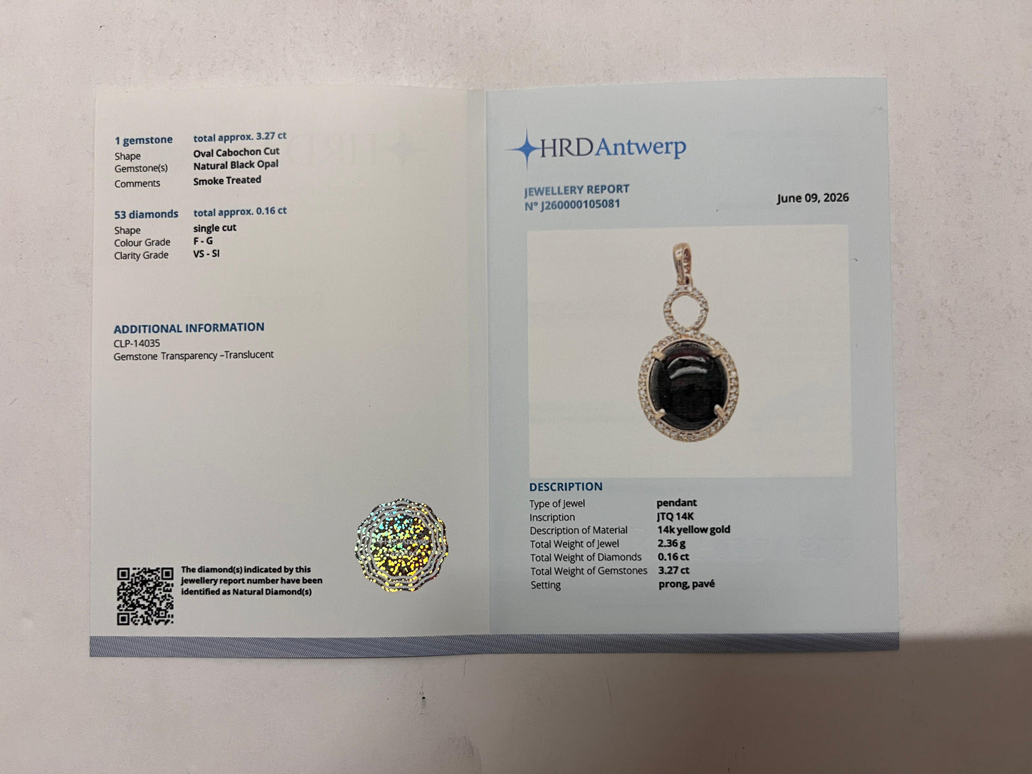 3.43 Ct Oval Cabochon Cut Natural Black Opal 14K Gold Pendant