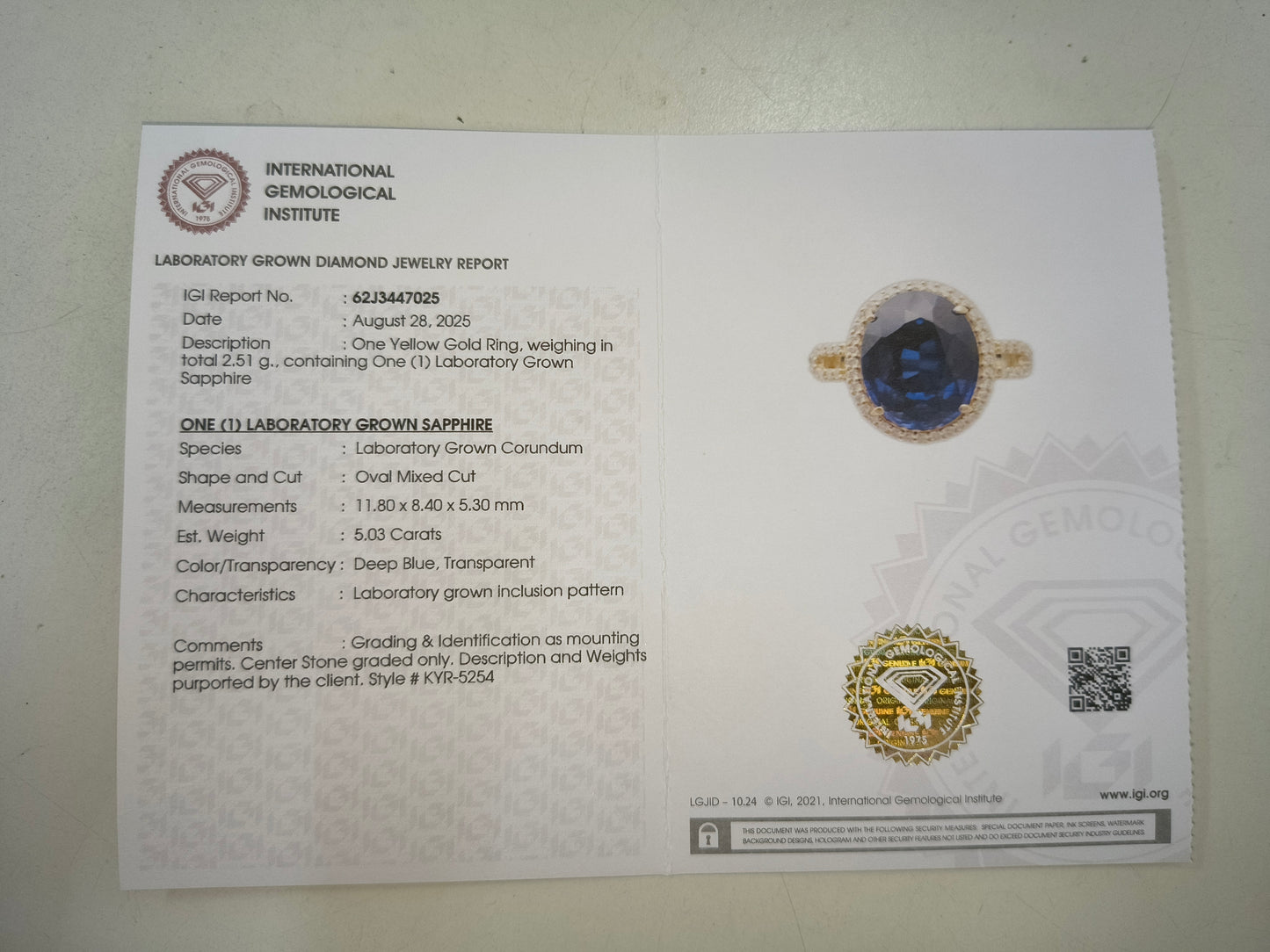 5.19 Ct Oval Mixed Cut Lab Grown Sapphire 14K Gold Ring