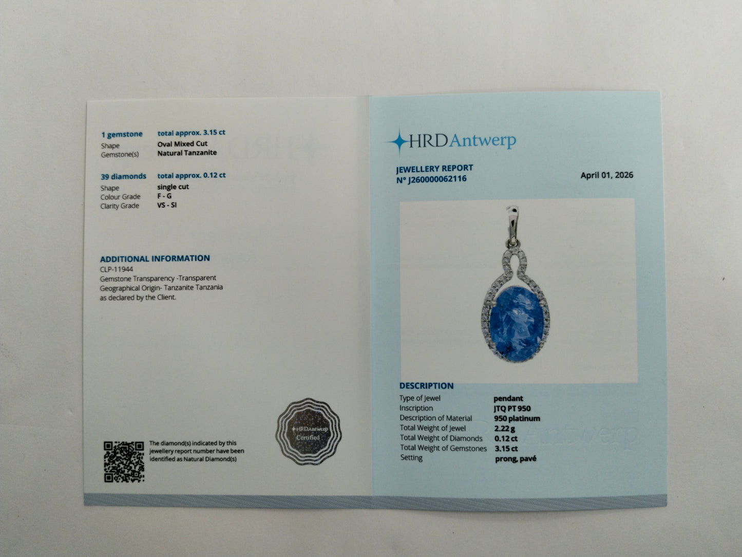 3.27 Ct Oval Mixed Cut Natural Tanzanite 950 Platinum Pendant