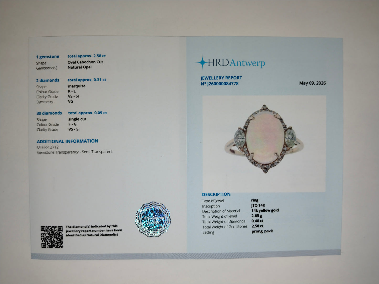 2.05 Ct Oval Cabochon Cut Natural Opal 14K Gold Ring