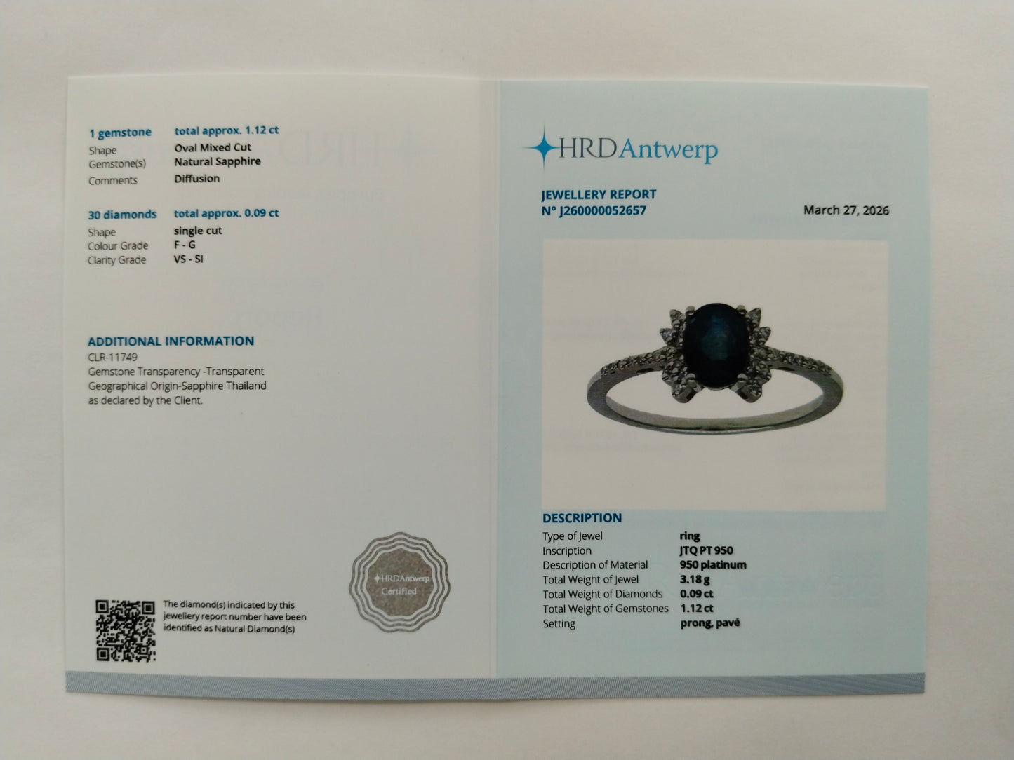 1.21 Ct Oval Mixed Cut Natural Sapphire 950 Platinum Ring