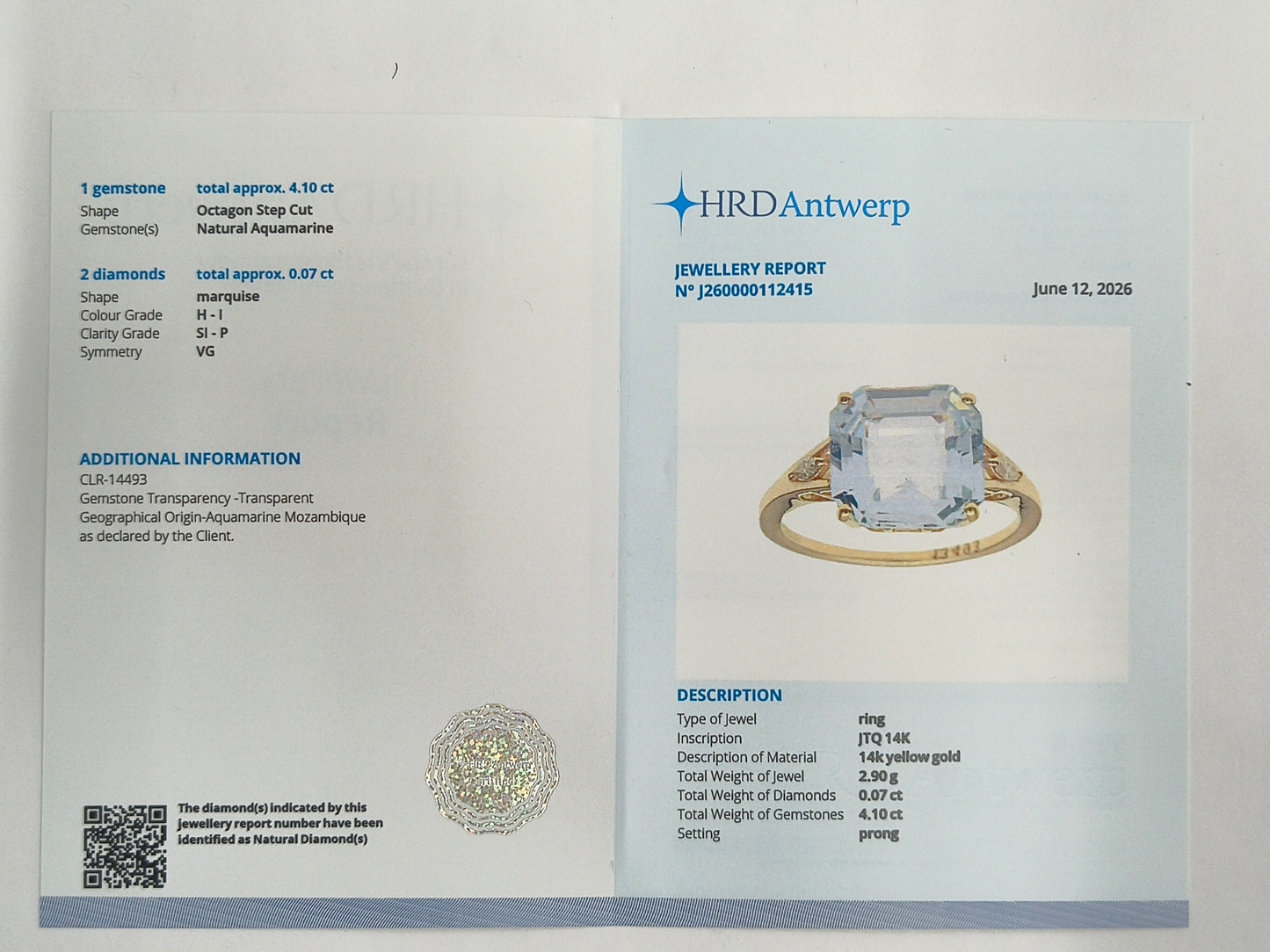 4.17 Ct Octagon Step Cut Natural Aquamarine 14K Gold Ring