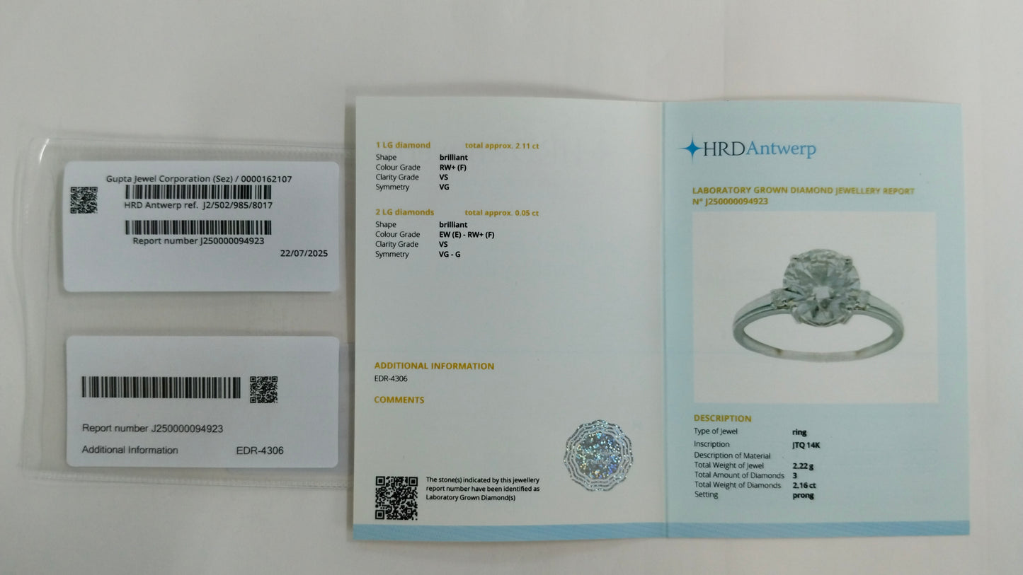 2.16 Carats Lab Grown Diamond 14K Gold Ring