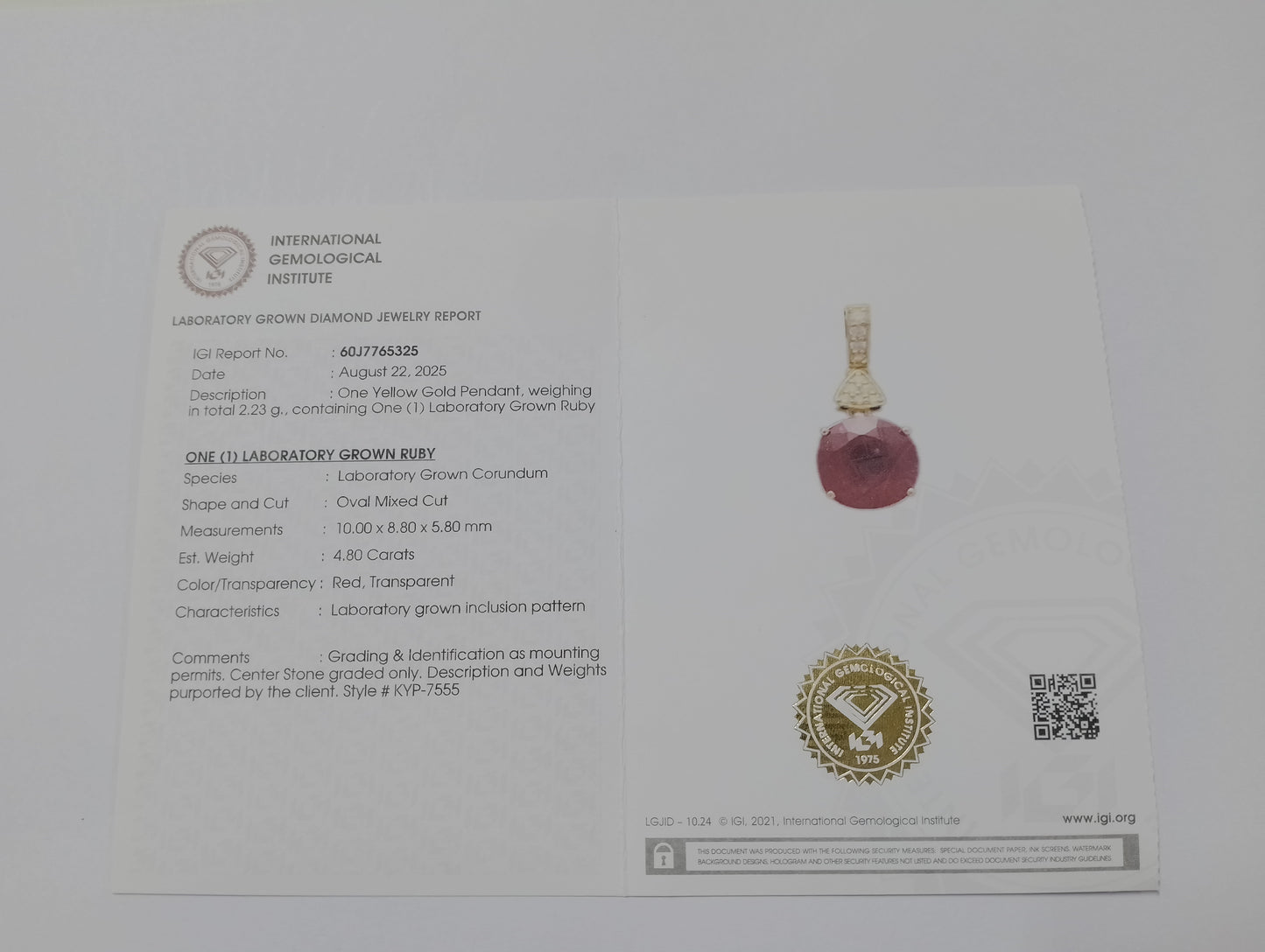 4.88 Ct Oval Mixed Cut Lab Grown Ruby 14K Gold Pendant