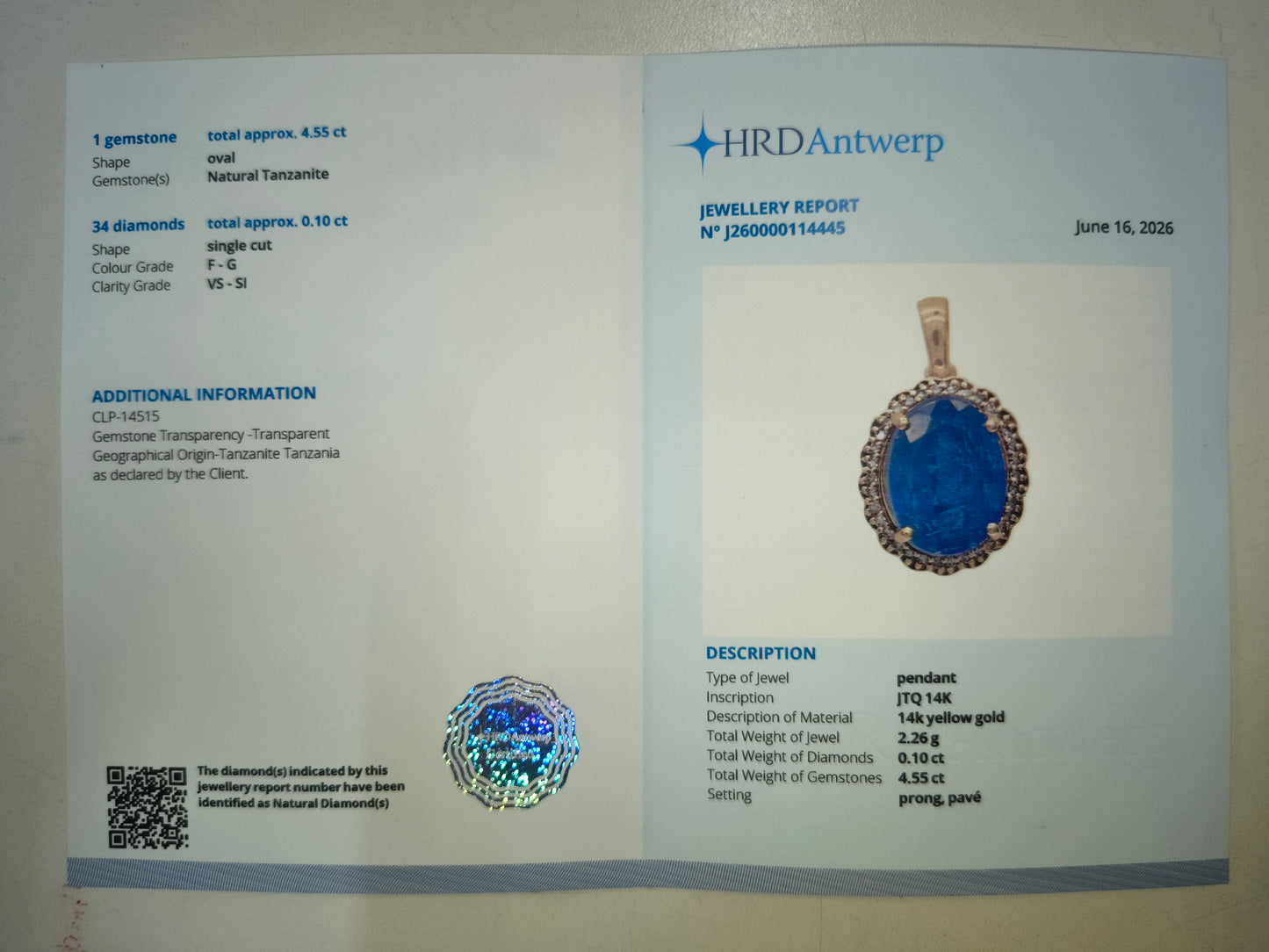 4.65 Ct Oval Natural Tanzanite 14K Gold Pendant