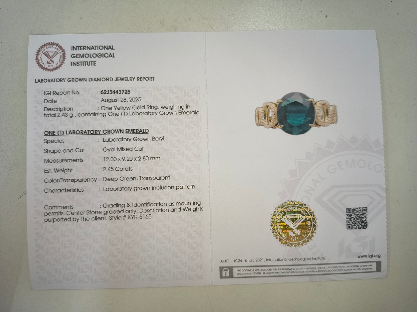 2.63 Ct Oval Mixed Cut Lab Grown Emerald 14K Gold Ring
