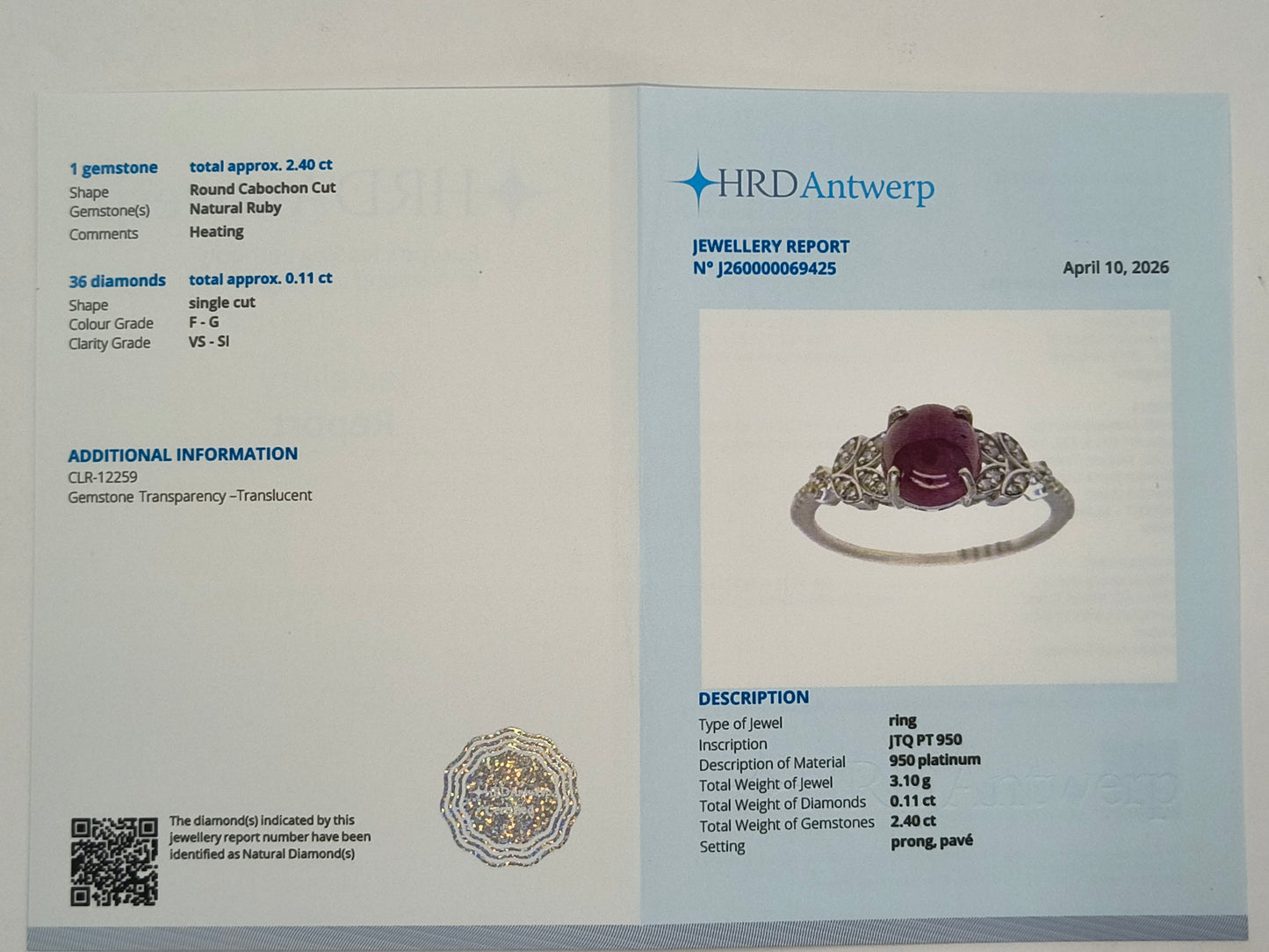 2.51 Ct Round Cabochon Cut Natural Ruby 950 Platinum Ring