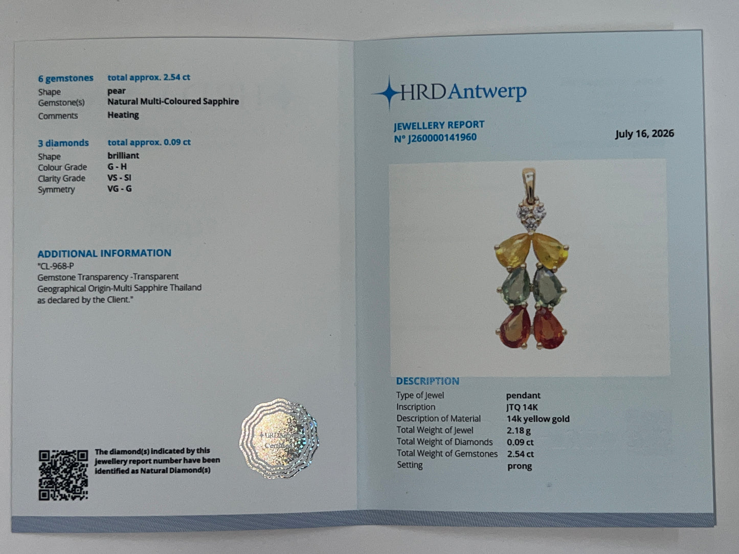 2.63 Ct Pear Natural Multi-Coloured Sapphire 14K Gold Pendant
