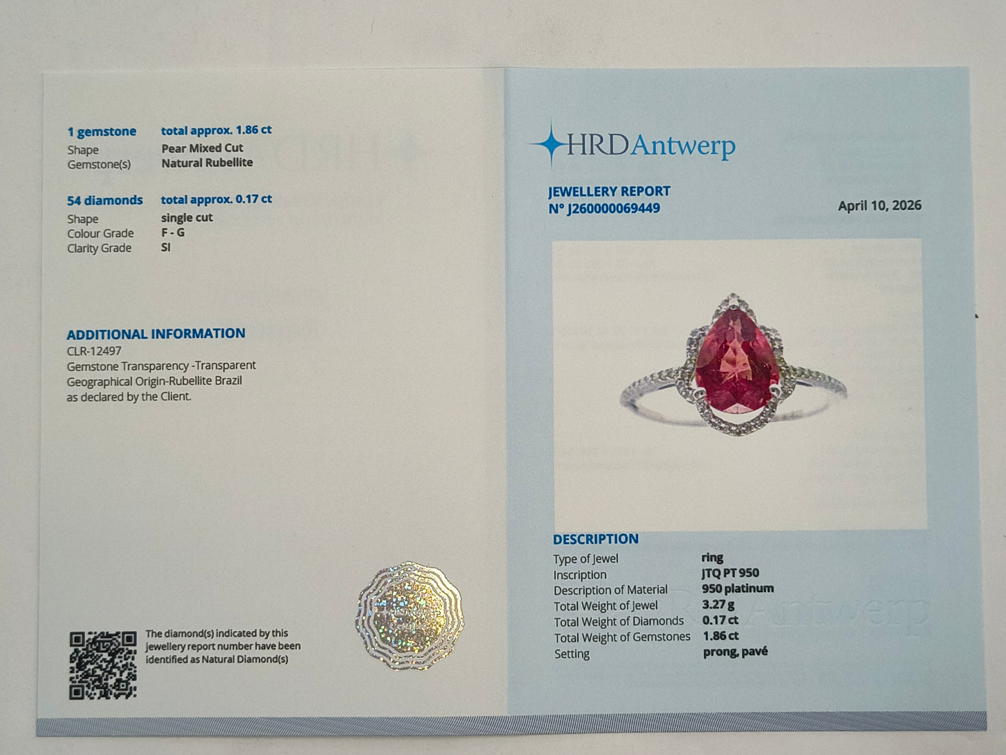 2.03 Ct Pear Mixed Cut Natural Rubellite 950 Platinum Ring