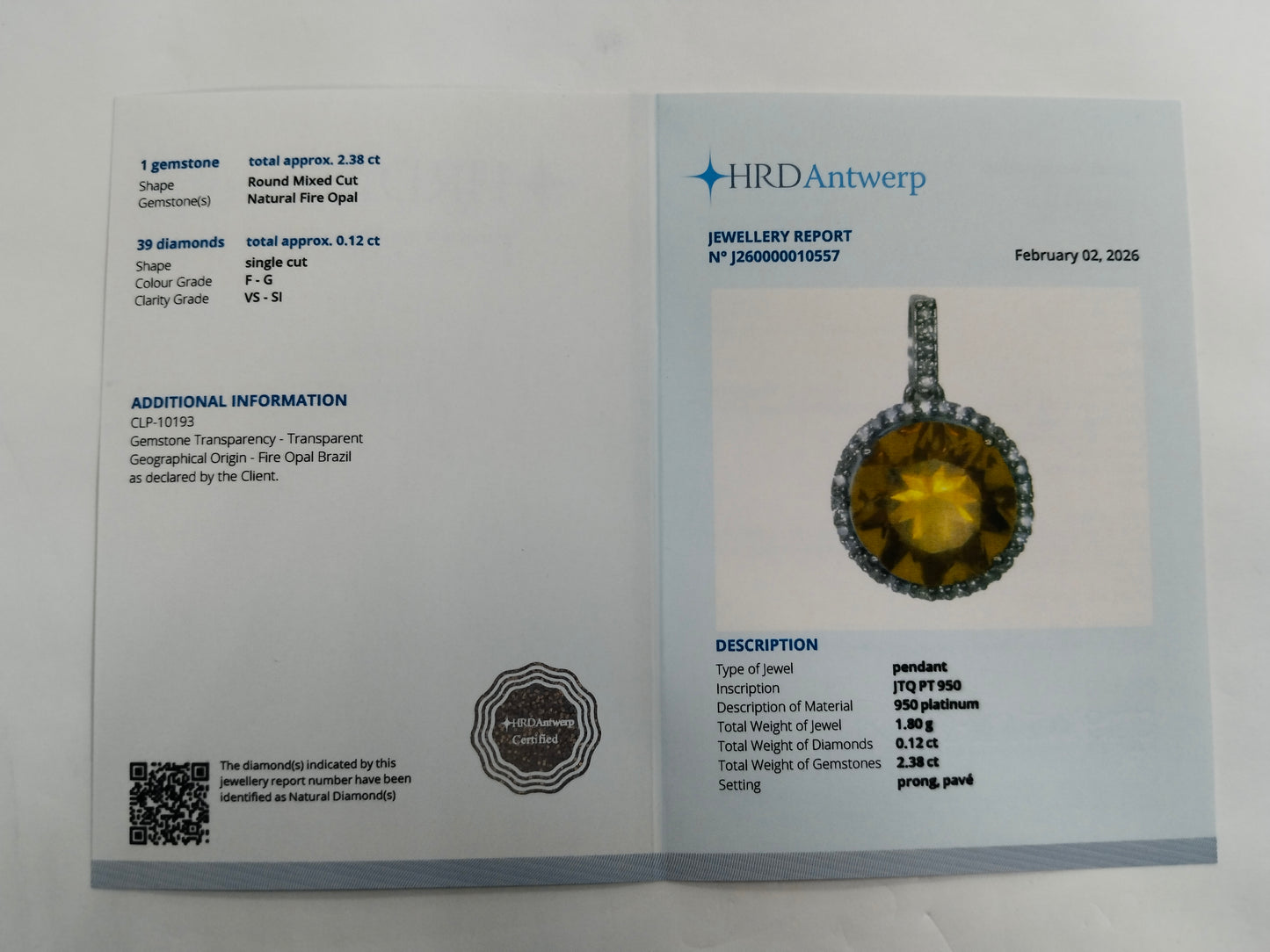 2.50 Ct Round Mixed Cut Natural Fire Opal 950 Platinum Pendant