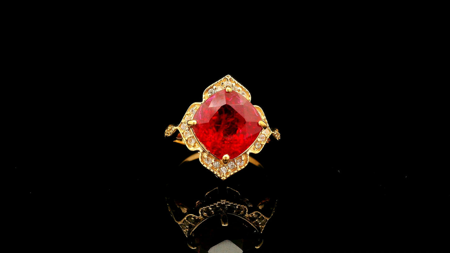 5.97 Ct Cushion Lab Grown Ruby 14K Gold Ring