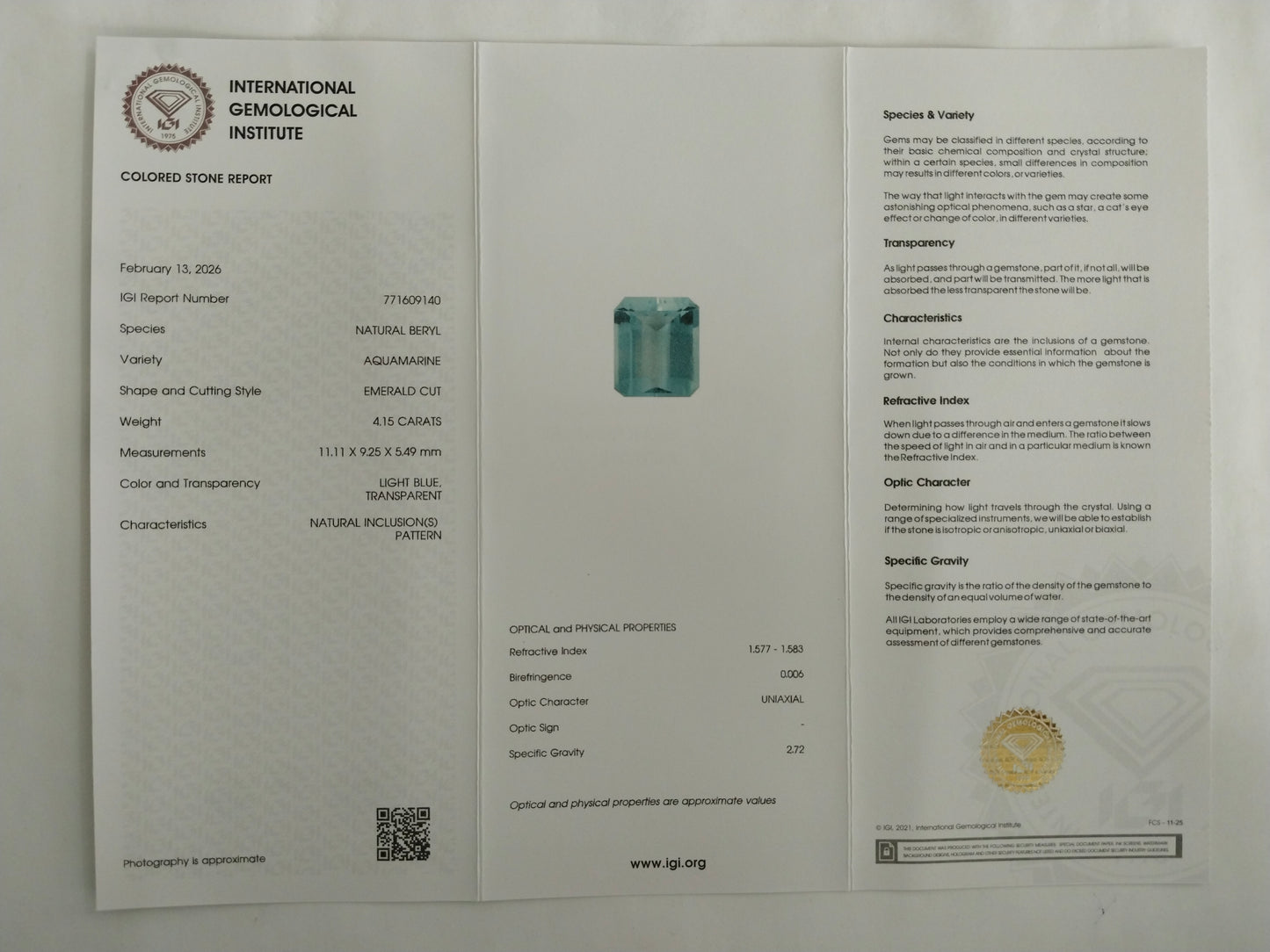 4.15 Natural Beryl Aquamarine Emerald Cut Gemstone