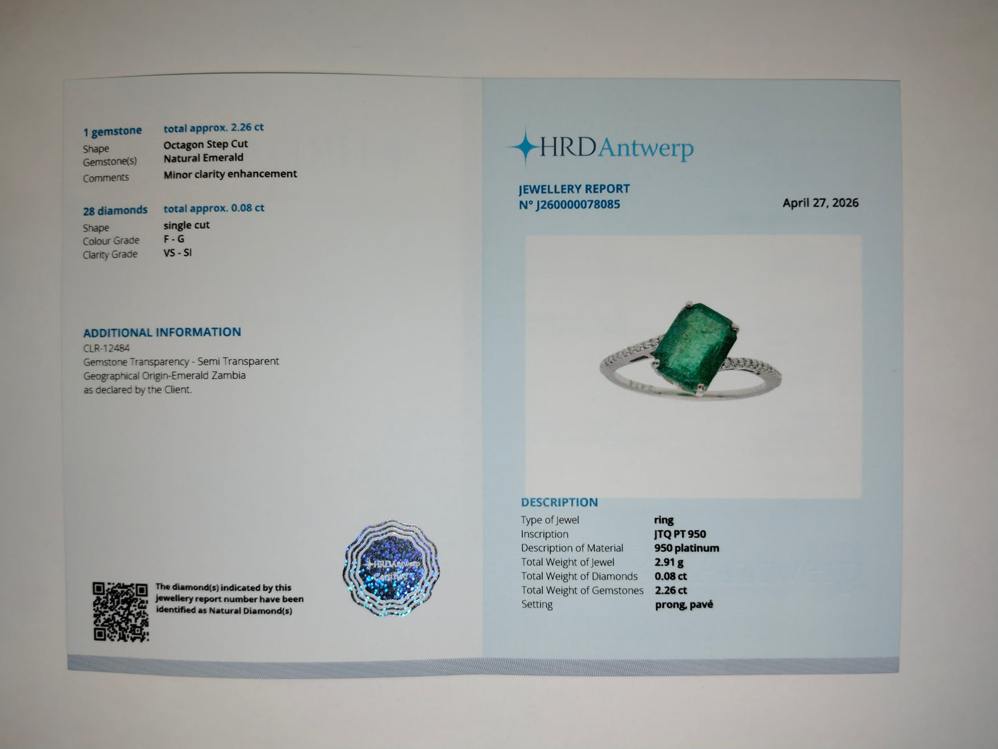 2.34 Ct Octagon Step Cut Natural Emerald 950 Platinum Ring
