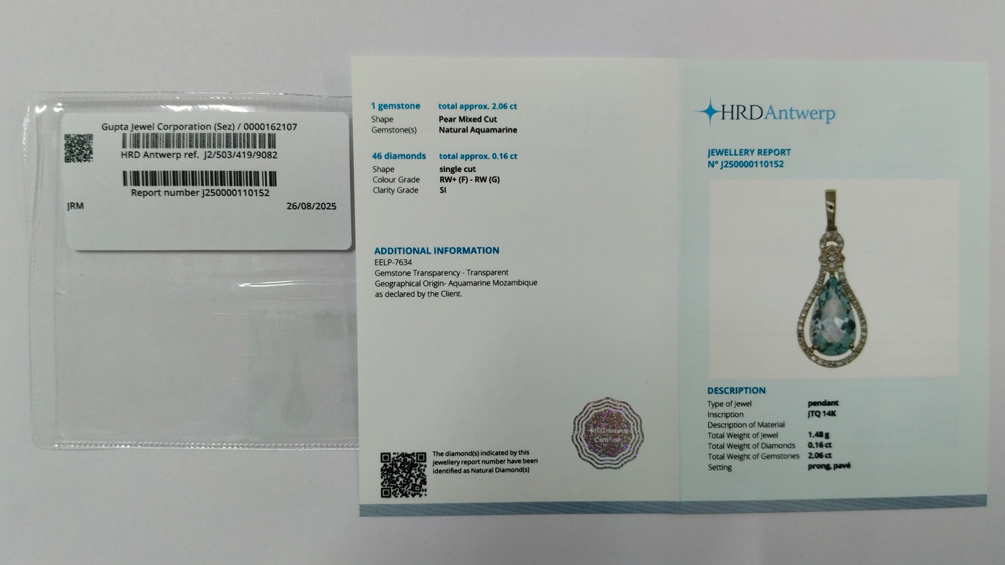 2.22 Ct Pear Mixed Cut Natural Aquamarine 14K Gold Pendant