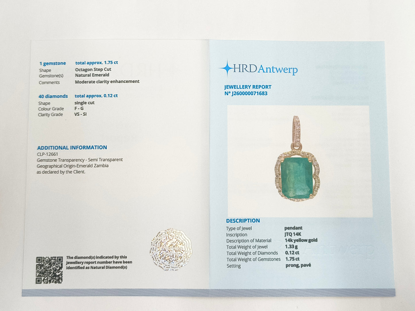 1.87 Ct Octagon Step Cut Natural Emerald 14K Gold Pendant