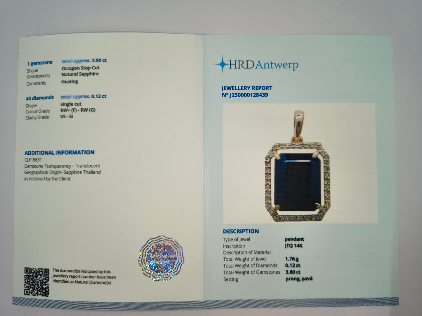 3.92 Ct Octagon Natural Sapphire 14K Gold Pendant