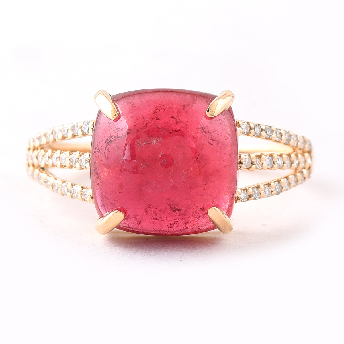 5.44 Ct Cushion Cabochon Cut Natural Pink Tourmaline 14K Gold Ring