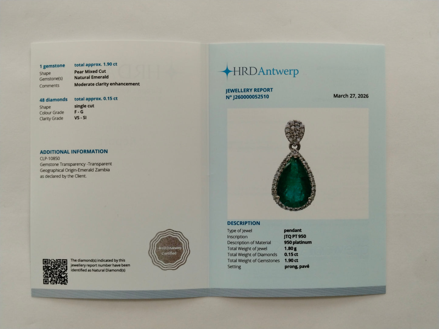 2.05 Ct Pear Mixed Cut Natural Emerald 950 Platinum Pendant