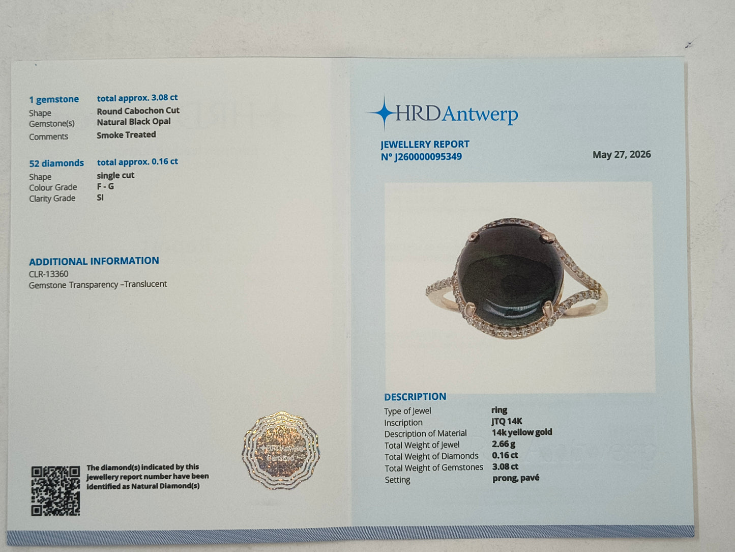 3.24 Ct Round Cabochon Cut Natural Black Opal 14K Gold Ring
