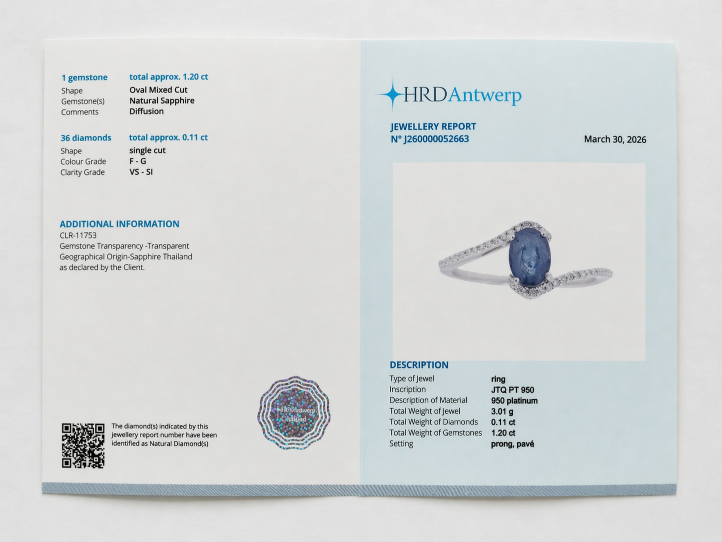 1.31 Ct Oval Mixed Cut Natural Sapphire 950 Platinum Ring