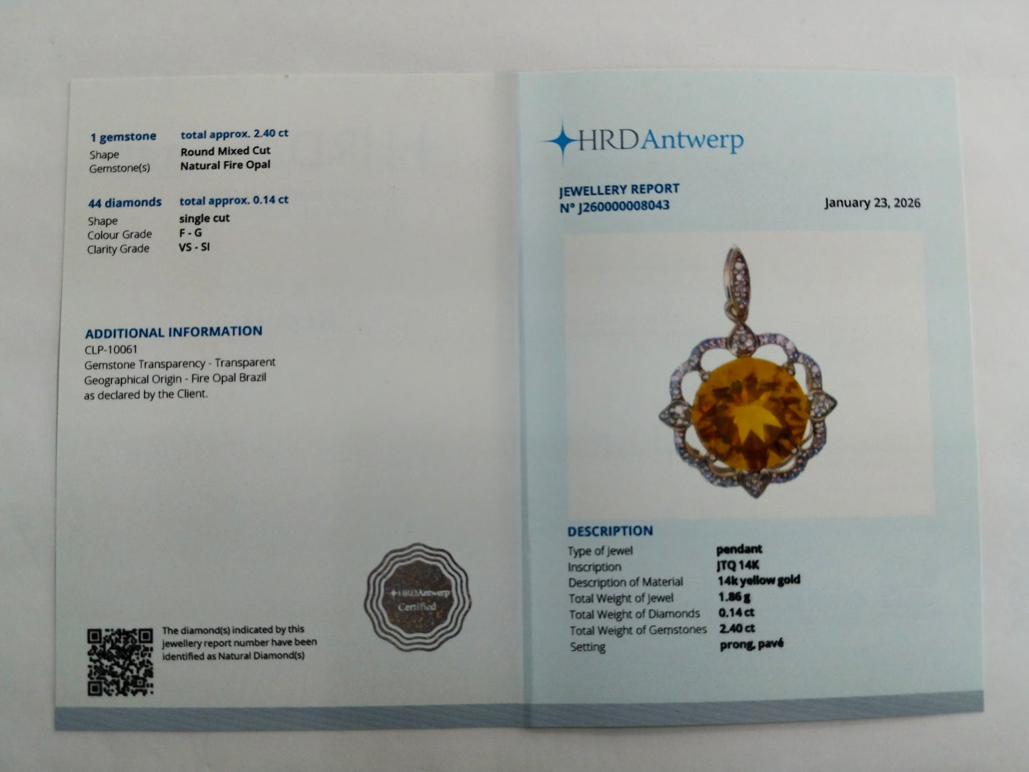 2.54 Ct Round Mixed Cut Natural Fire Opal 14K Gold Pendant