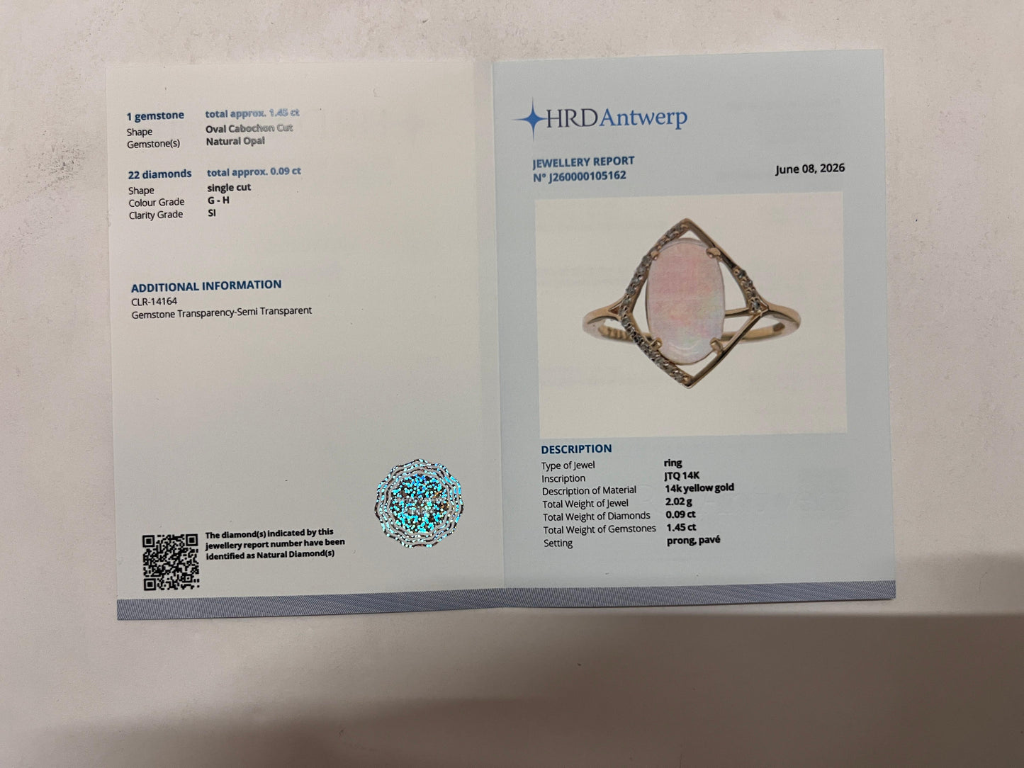 1.54 Ct Oval Cabochon Cut Natural Opal 14K Gold Ring