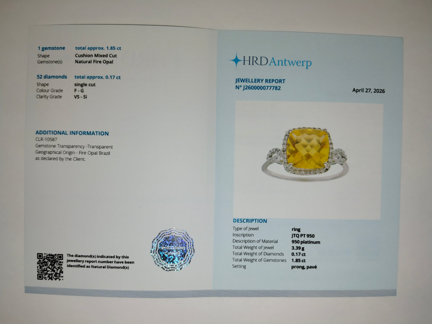 2.02 Ct Cushion Mixed Cut Natural Fire Opal 950 Platinum Ring