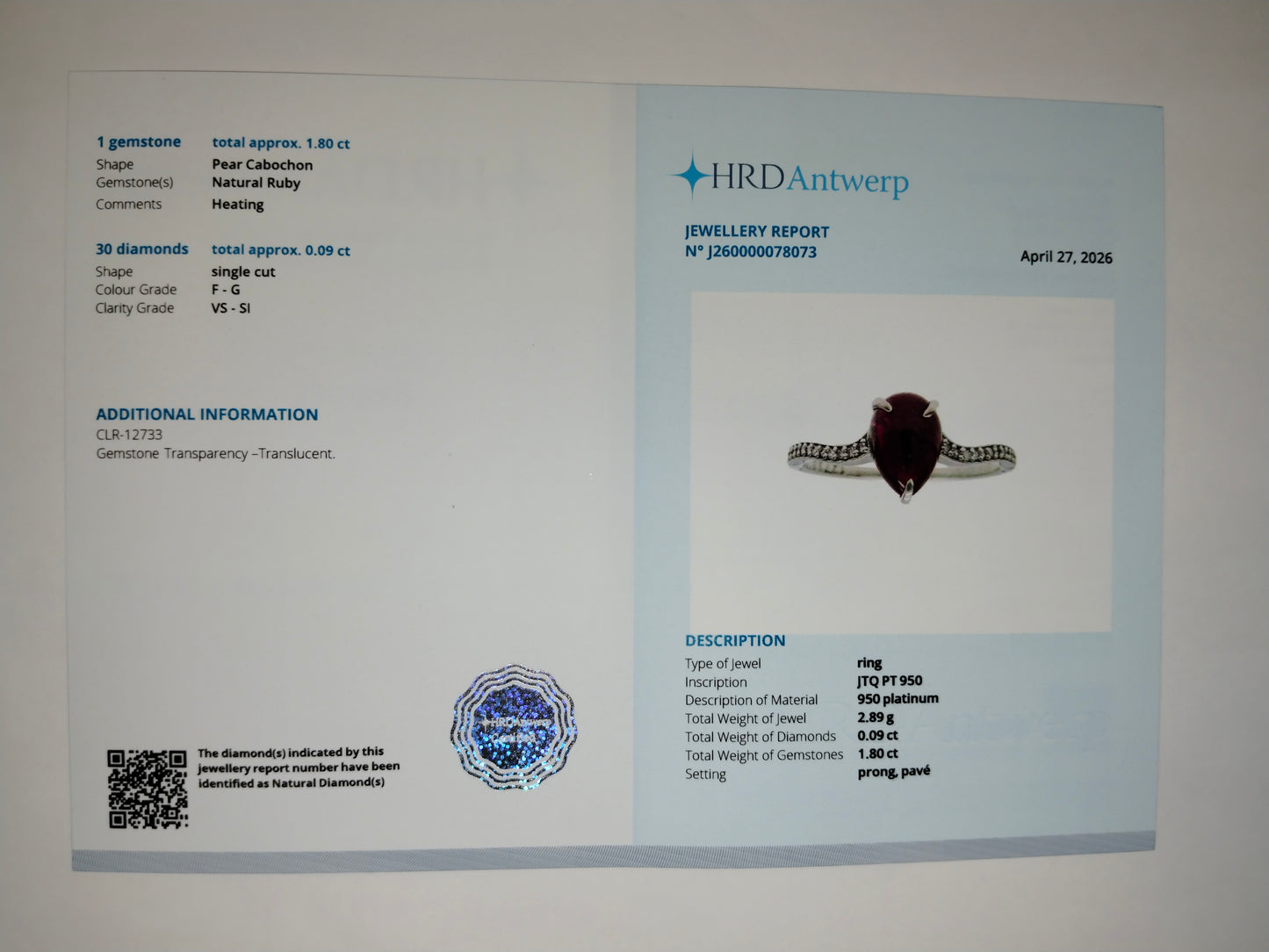 1.89 Ct Pear Cabochon Cut Natural Ruby 950 Platinum Ring