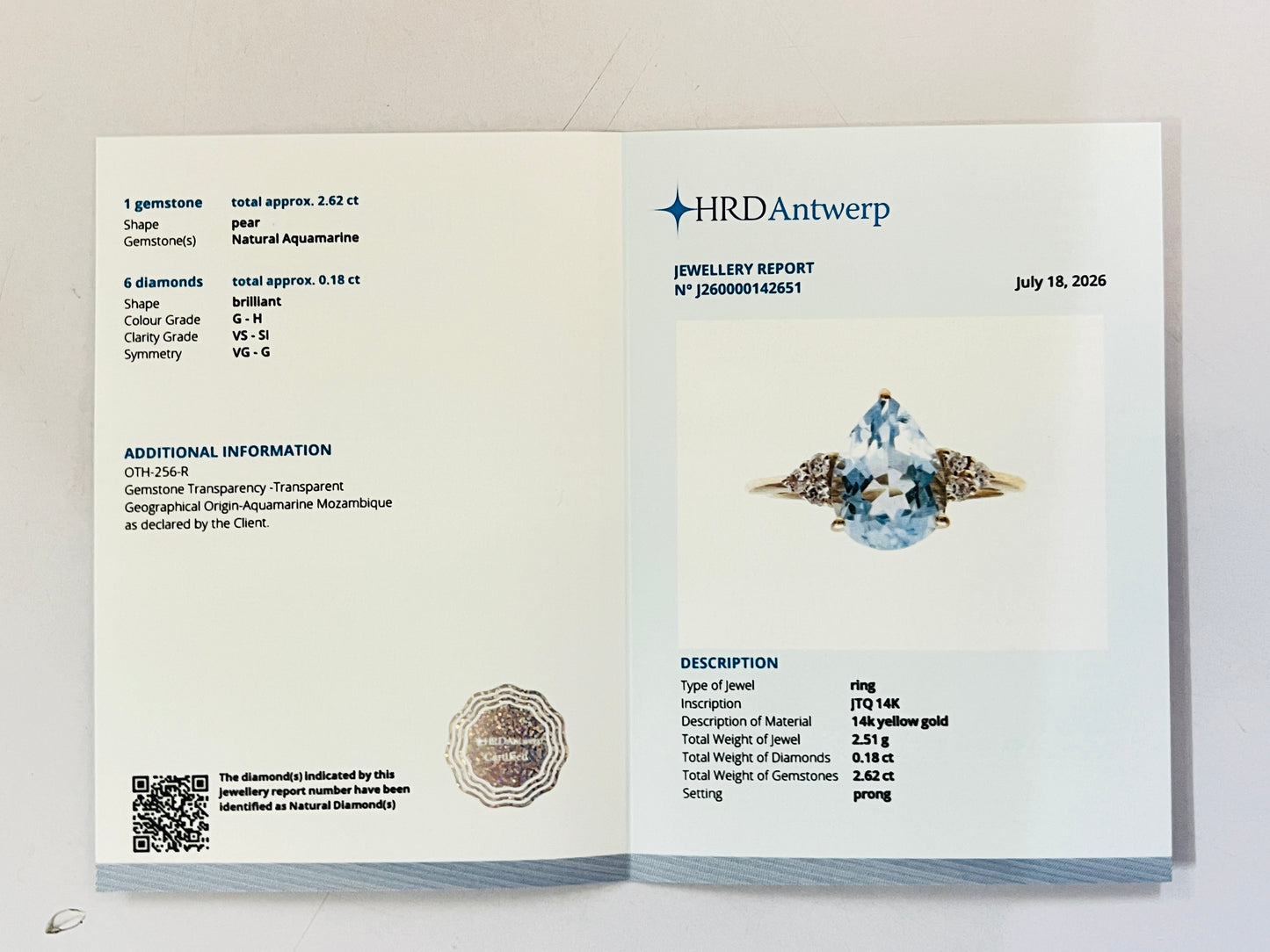 2.80 Ct Pear Natural Aquamarine 14K Gold Ring