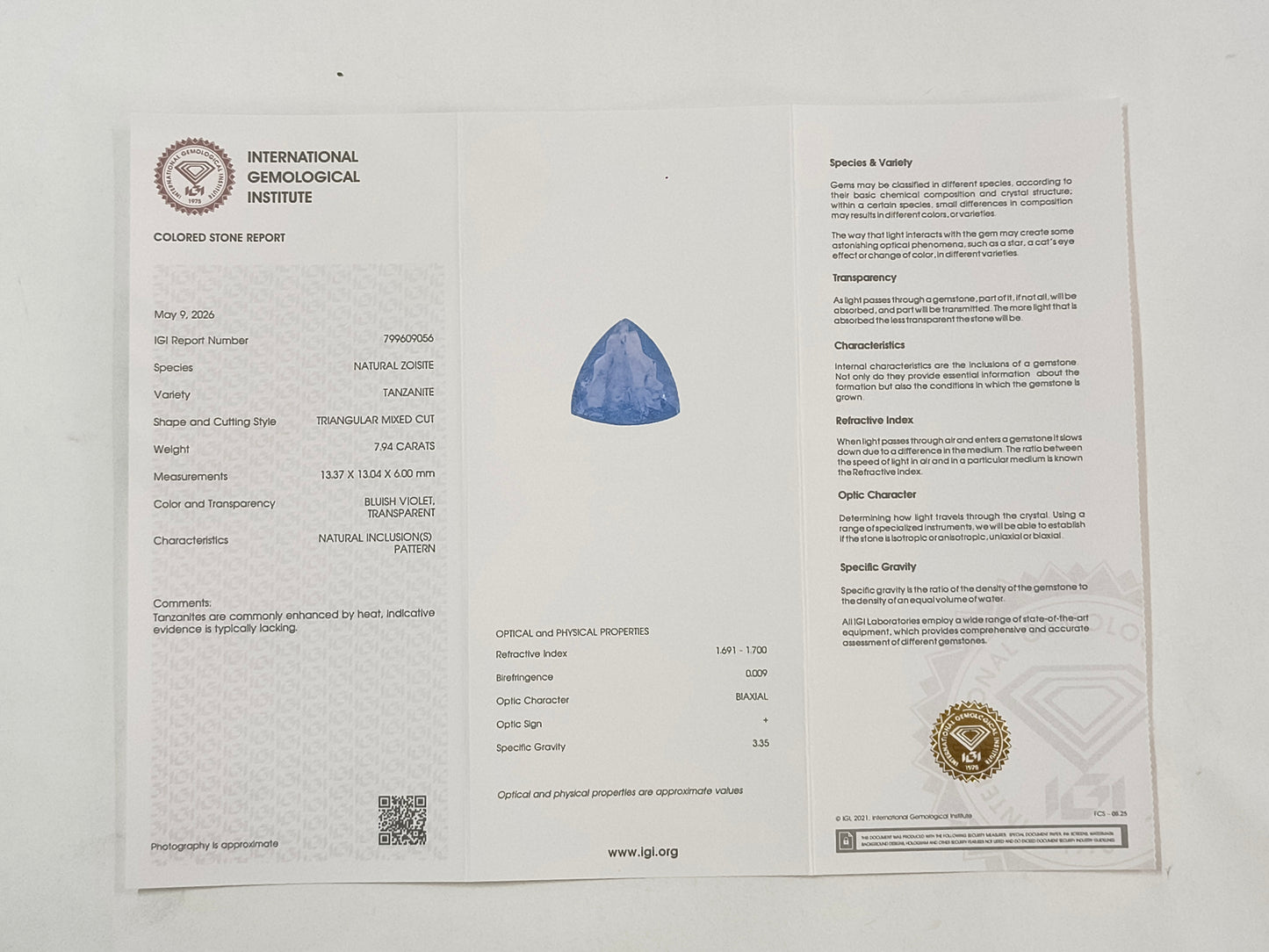 7.94 Natural Zoisite Tanzanite Triangular Mixed Cut Gemstone
