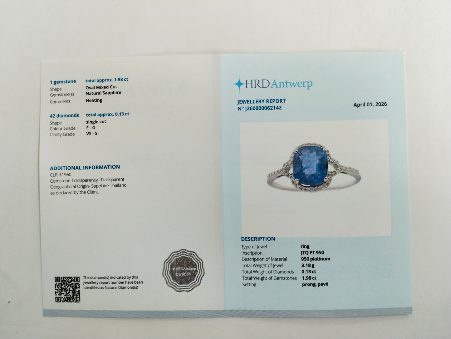 2.11 Ct Oval Mixed Cut Natural Sapphire 950 Platinum Ring