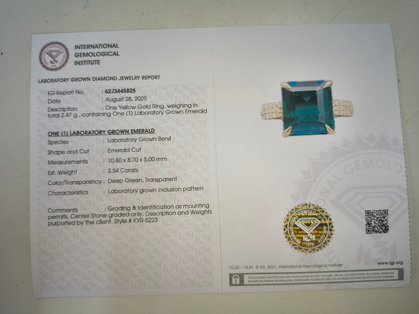 3.63 Ct Emerald Cut Lab Grown Emerald 14K Gold Ring