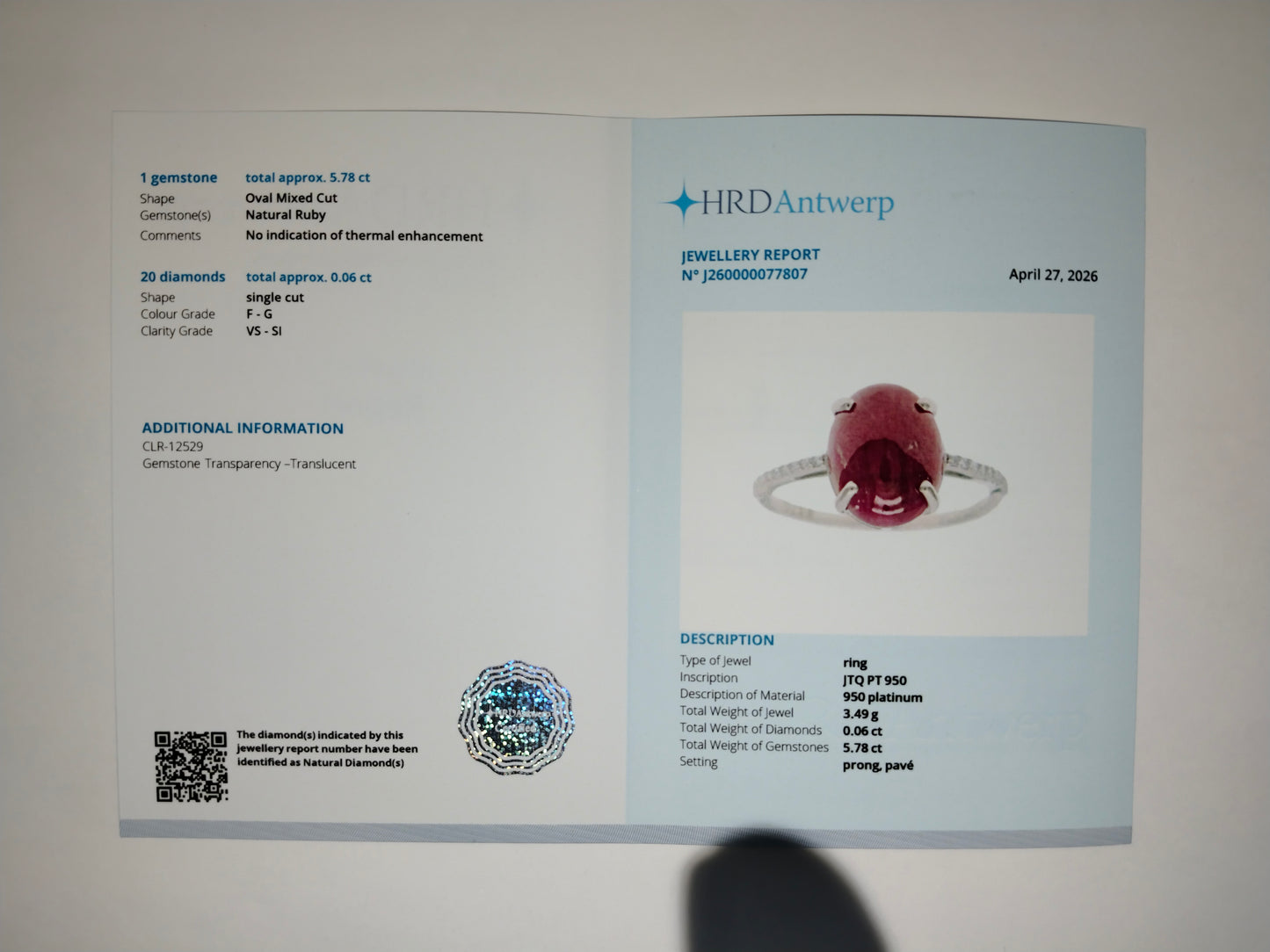 5.84 Ct Oval Mixed Cut Natural Ruby 950 Platinum Ring