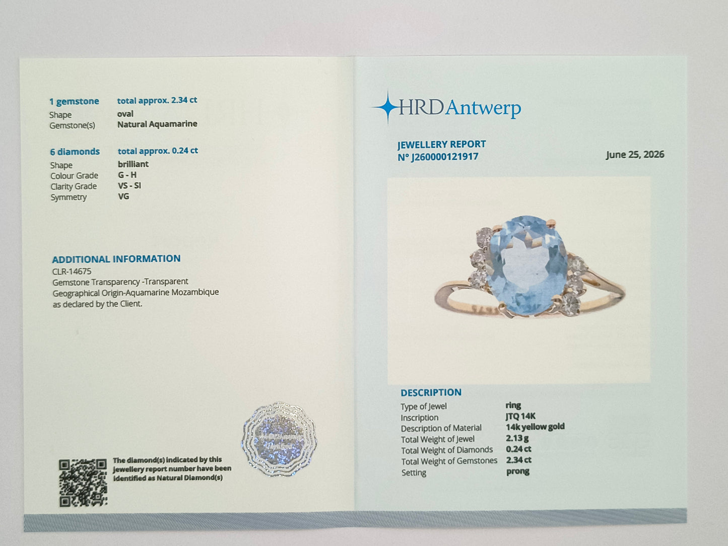 2.58 Ct Oval Natural Aquamarine 14K Gold Ring