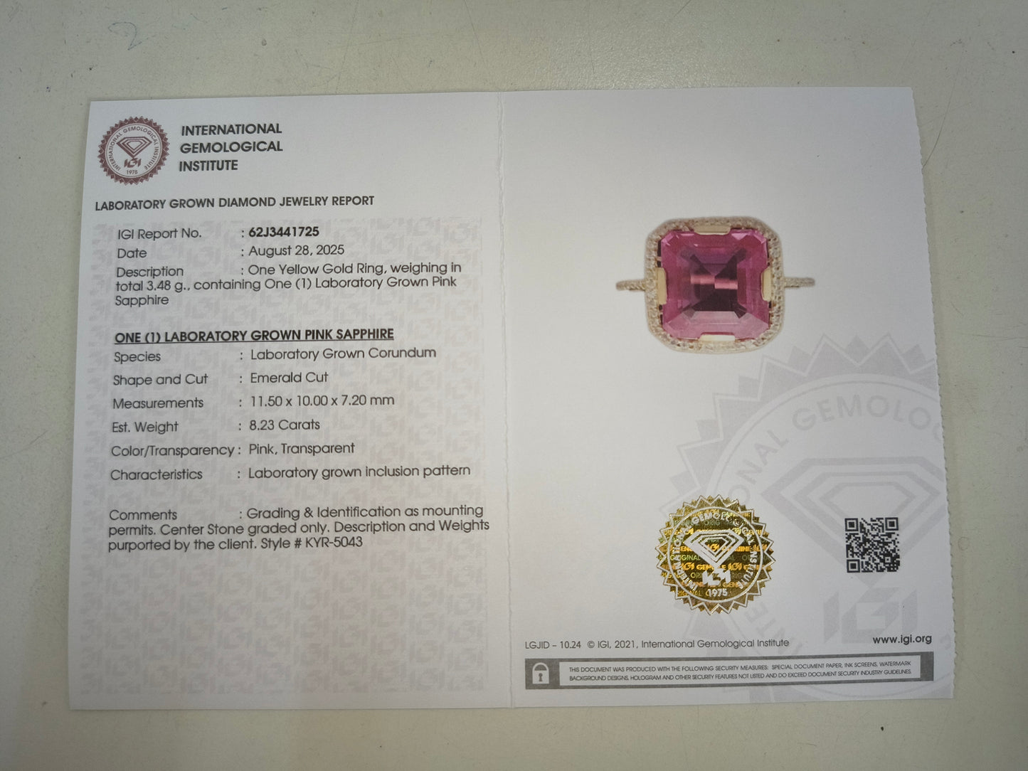 8.41 Ct Emerald Cut Lab Grown Pink Sapphire 14K Gold Ring