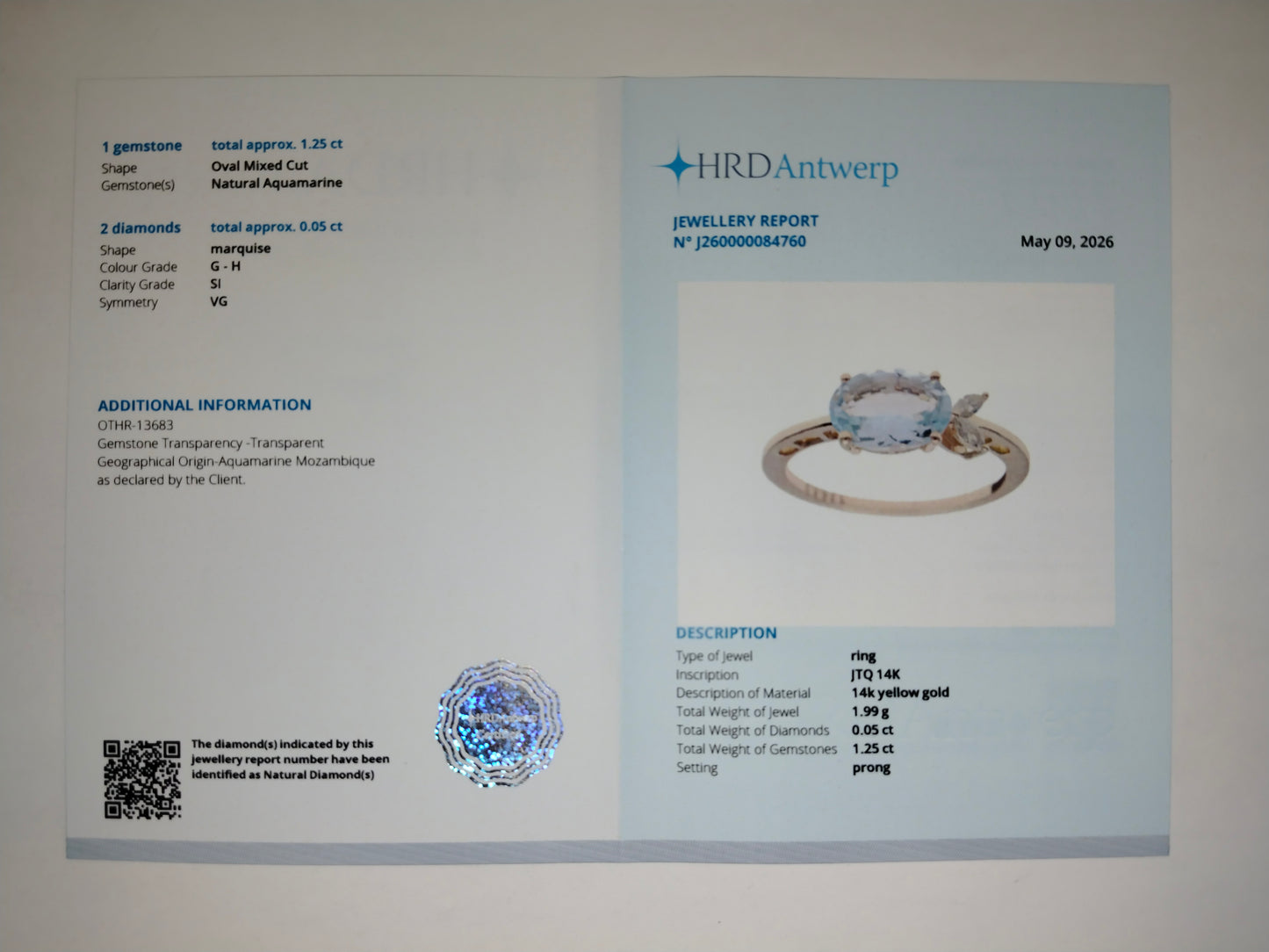 1.73 Ct Oval Mixed Cut Natural Aquamarine 14K Gold Ring