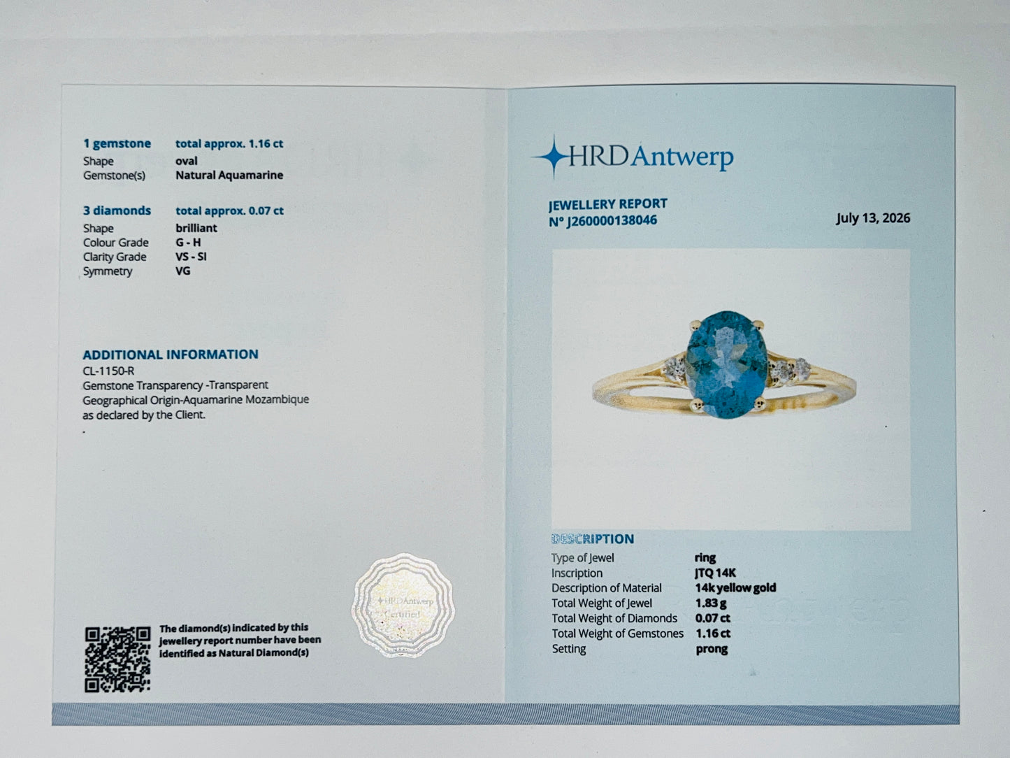 1.23 Ct Oval Natural Aquamarine 14K Gold Ring