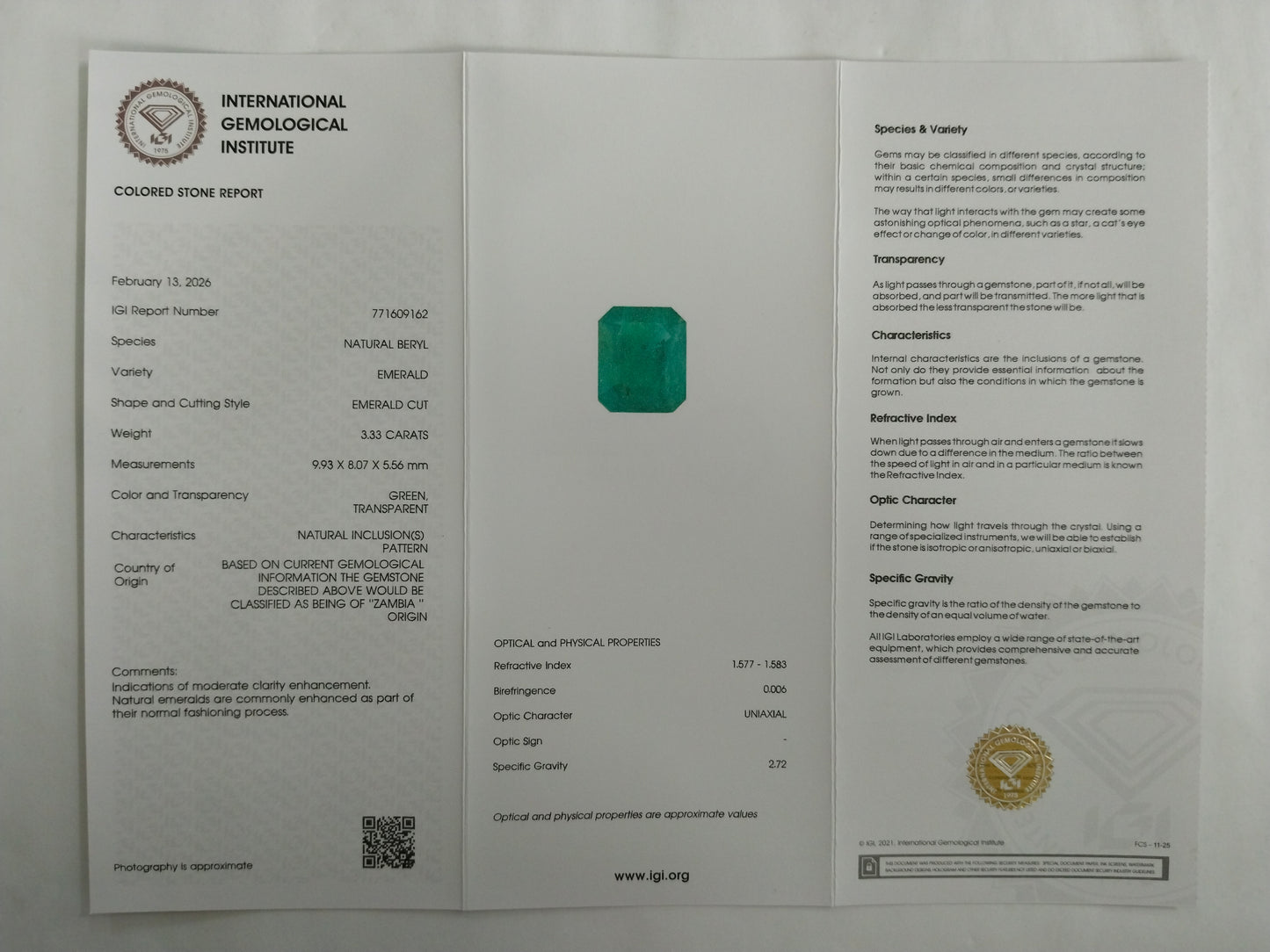 3.33 Natural Beryl Emerald Emerald Cut Gemstone