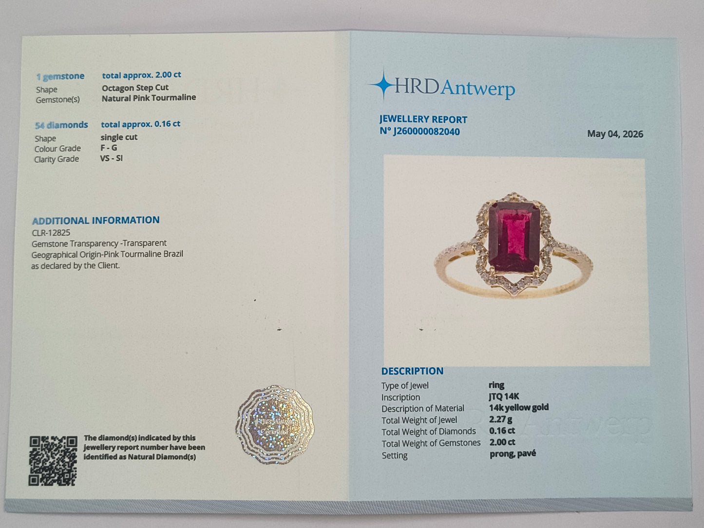 2.16 Ct Octagon Step Cut Natural Pink Tourmaline 14K Gold Ring