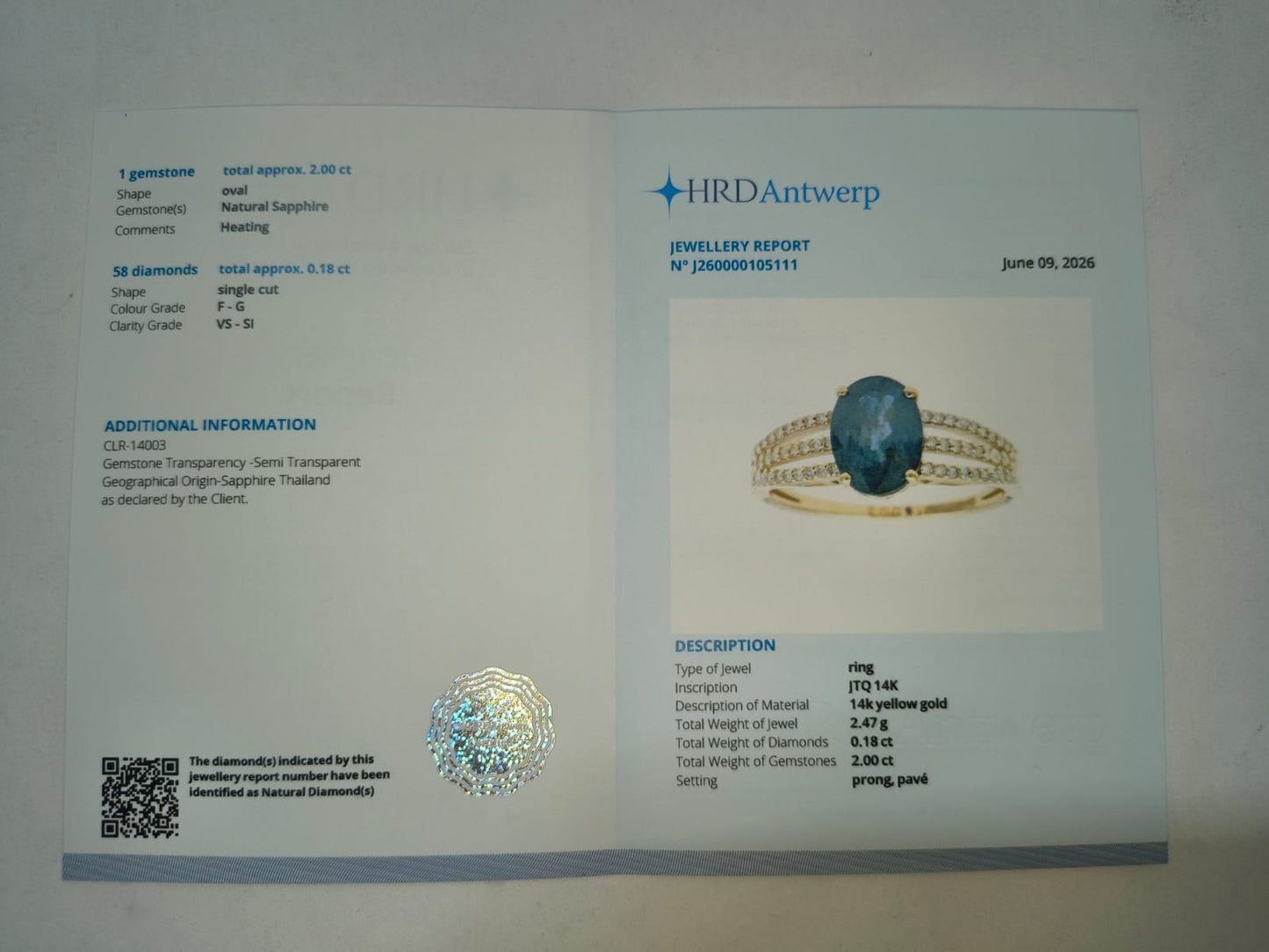 2.18 Ct Oval Mixed Cut Natural Sapphire 14K Gold Ring