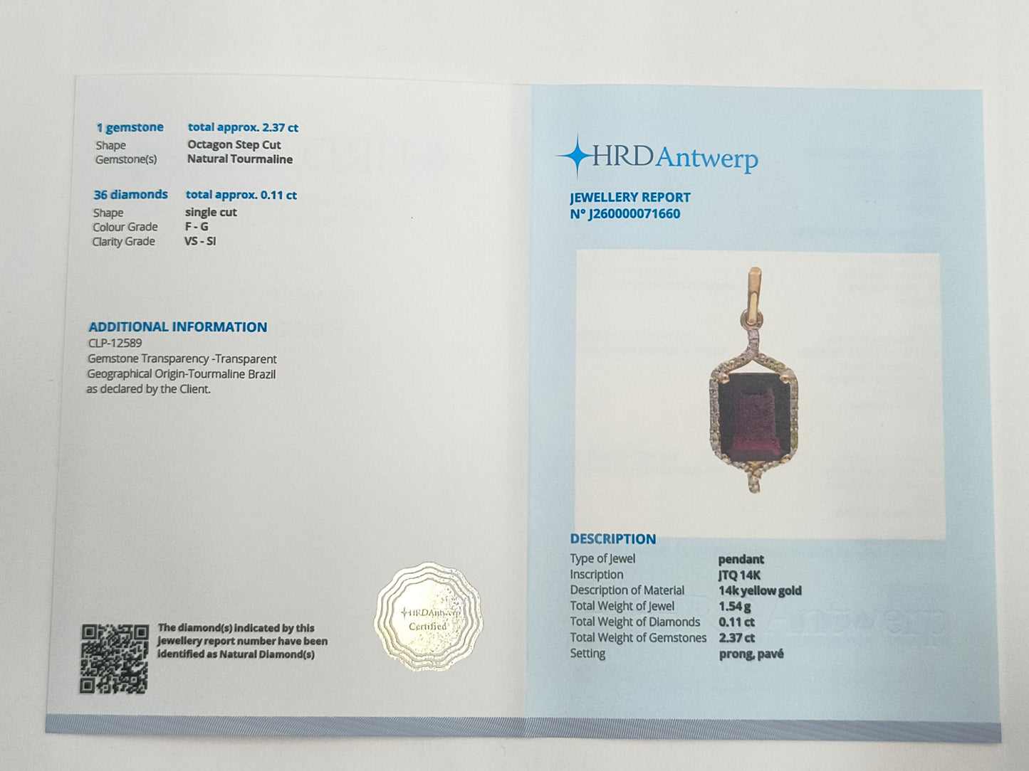 2.48 Ct Octagon Step Cut Natural Tourmaline 14K Gold Pendant