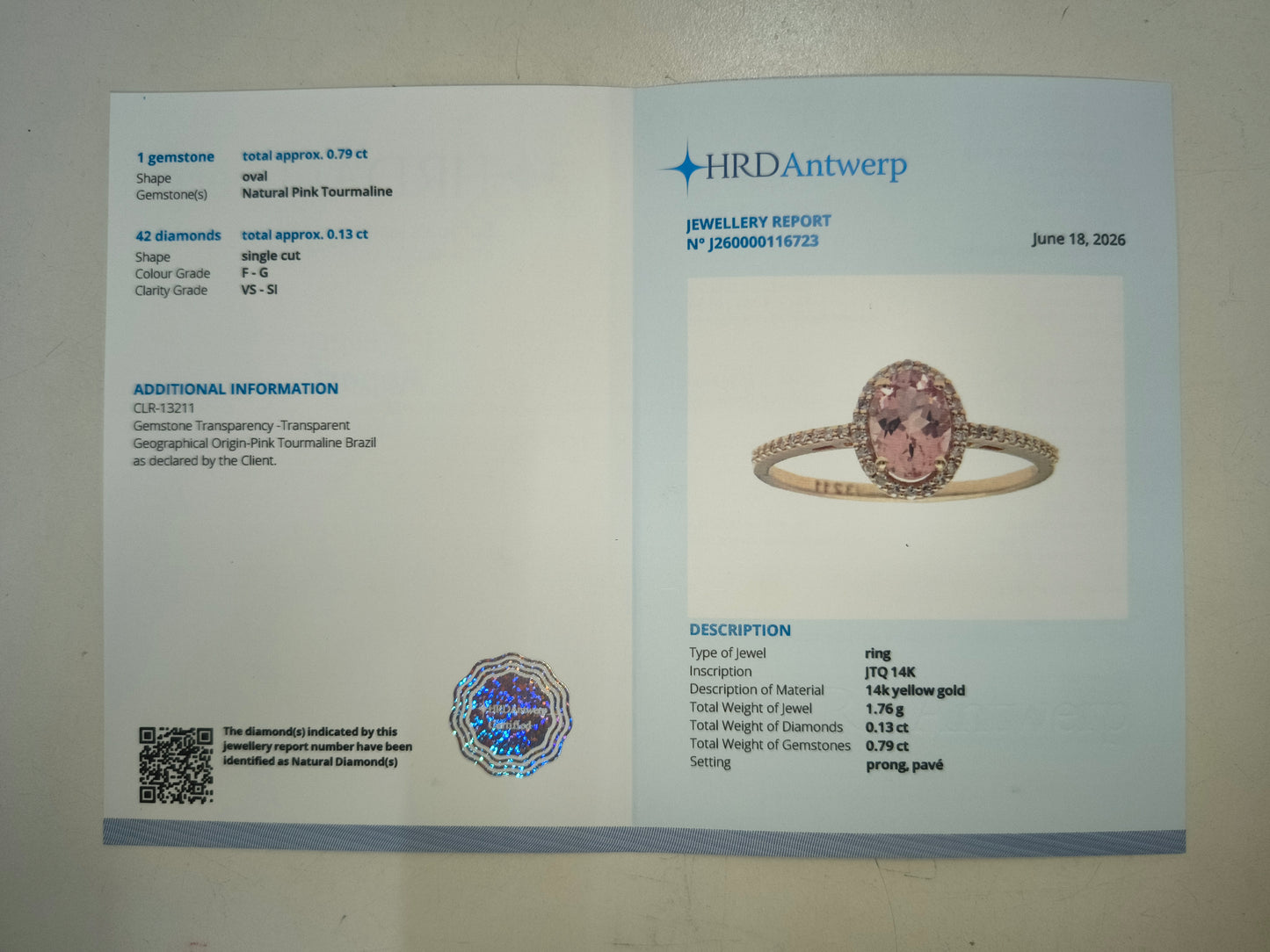 0.92 Ct Oval Natural Pink Tourmaline 14K Gold Ring