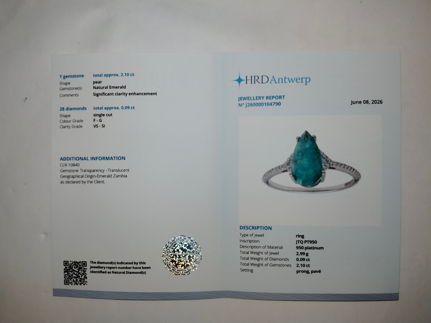 2.19 Ct Pear Mixed Cut Natural Emerald 950 Platinum Ring