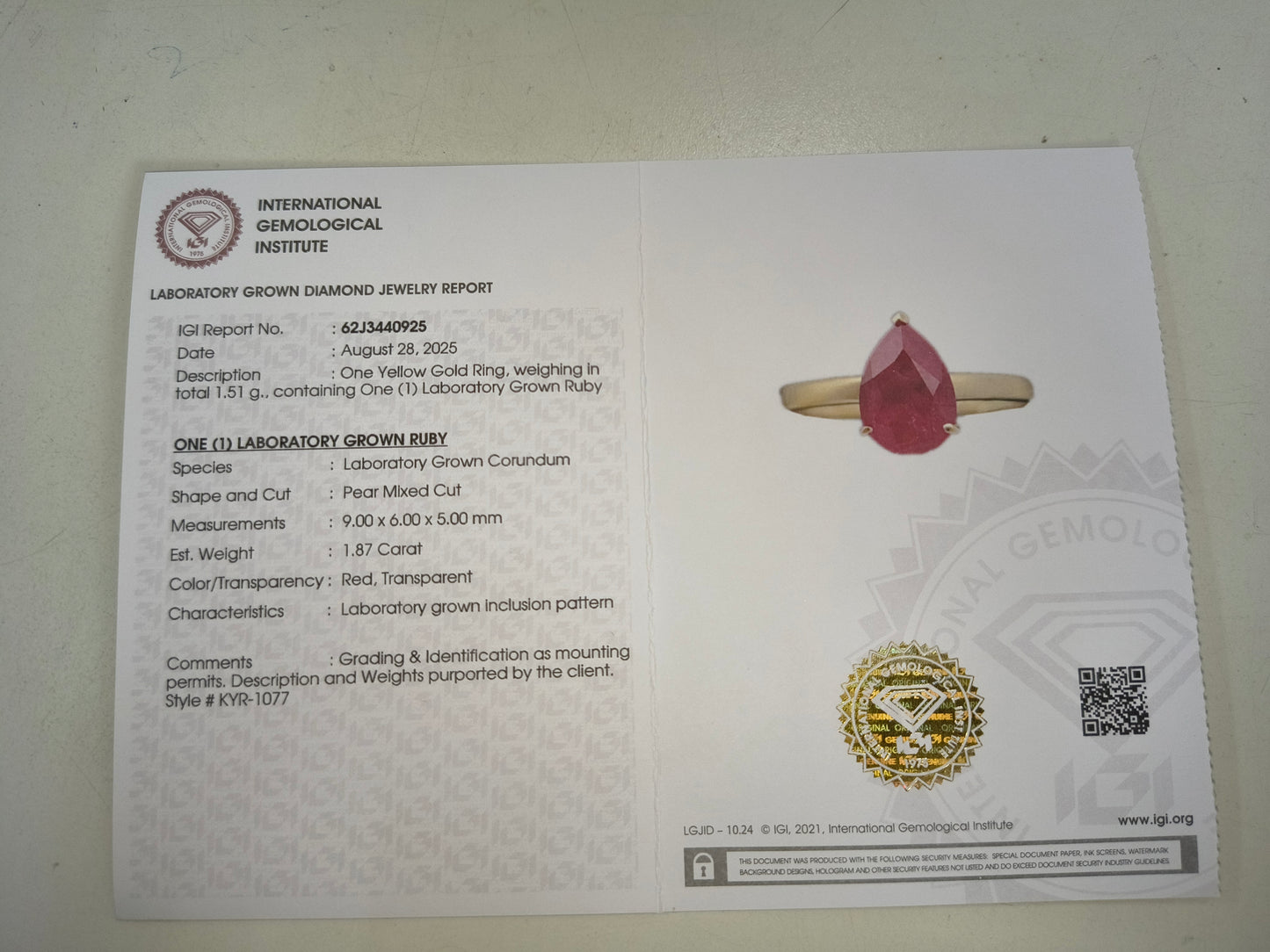 1.87 Ct Pear Mixed Cut Lab Grown Ruby 14K Gold Ring